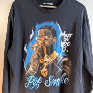 Pop Smoke Men's Long Sleeve Shirt Large L Black Meet The Woo 2 Rap Graphic Tee